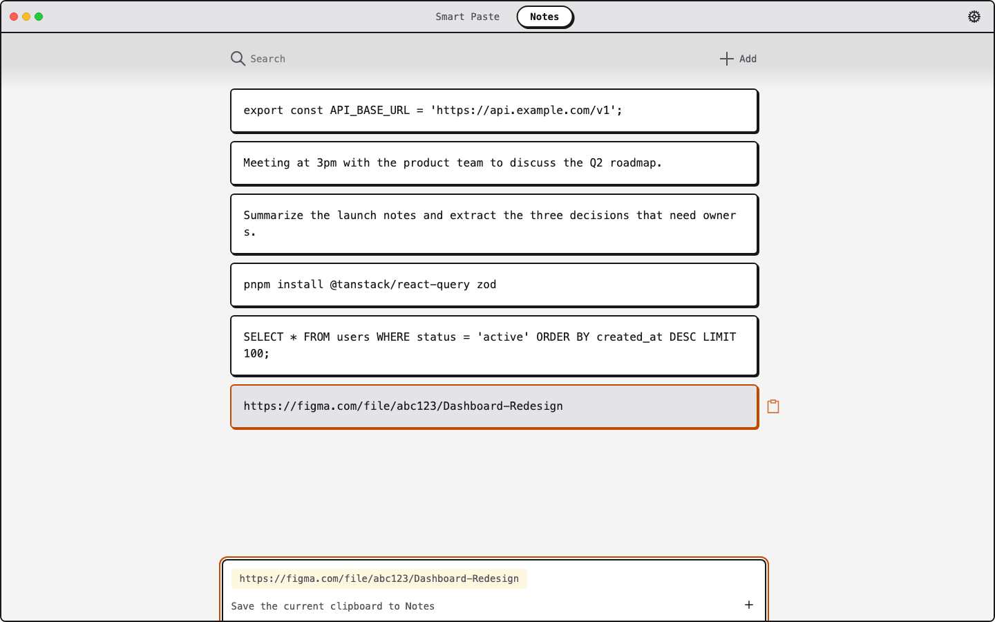 ClipMate Notes with technical snippets ready to search